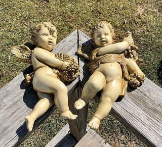 Vintage Chalkware Cherubs Angels Handcrafted Sculptures 1 Set Of 2