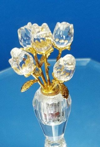 Swarovski Crystal 5 Clear Roses In Jewel Vase Gold Accent Swan Logo,  2 - 3/4 " Tall