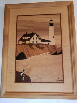 Hudson River Wood Inlay Picture Jeff Nelson Portland Head Lighthouse Me