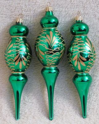 Vintage Christmas Decorations - Set Of 3 - Green W/ Gold Glitter Hanging Finials