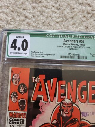 Avengers 57 Marvel Comic Book CGC 4.  0 (Q) OWW Pages First Vision 2