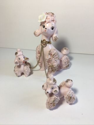 Vintage Lefton’s Pink Spaghetti French Poodle W 2 Puppies 885 Chain Gold Japan