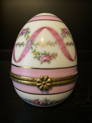 Vintage Limoges France Hinged Porcelain Egg Roses Trinket Box Hand - Painted