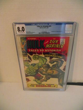 1967 Tales To Astonish 91 Marvel Comics Abomination 1st Cover Cgc Graded 8.  0