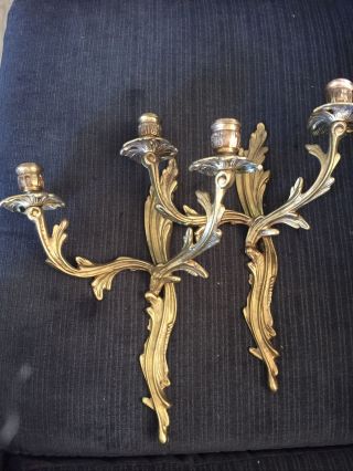 Two Vintage Hollywood Regency Solid Brass Dual Candle Wall Sconces Mid Century