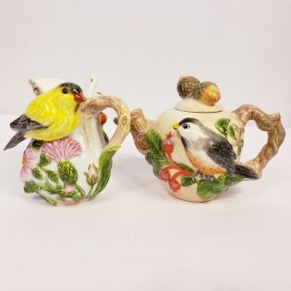 Jay Willfred For Sadek Ceramic Bird Floral Sugar And Creamer Set Hand Painted