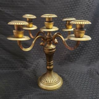 Ornate Vintage 5 Candle Heavy Brass Metal Candelabra 4 Arm Detailed 11.  5 " Tall