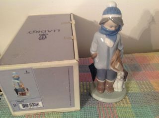 Lladro Figurine 5220 Winter Boy In Coat Boots And Scarf With Dog,  Umbrella
