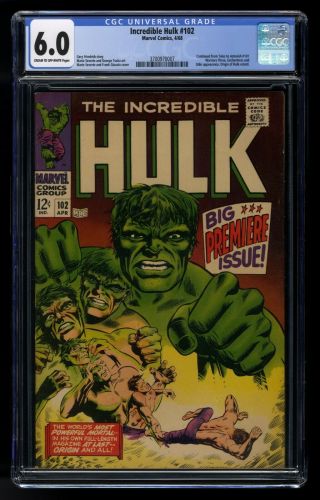 The Incredible Hulk 102 Cgc 6.  0 (marvel,  1968) Premiere Issue Origin Retold