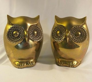 Solid Brass Owl Bookends Vintage Mid Century Modern Owls Big Eyes Korea