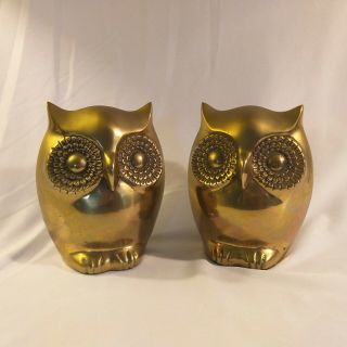 Solid Brass Owl Bookends VINTAGE Mid Century Modern Owls BIG EYES Korea 2