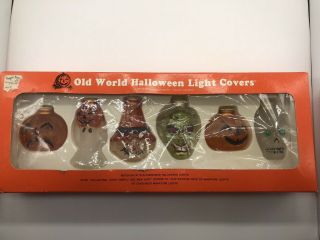 Vtg Old World Halloween Glass Light Covers Set Pumpkin Ghost Witch Skull