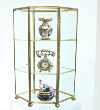 Vintage Glass Brass Curio Display Case 2 Shelves 10 " Brass Feet Hinged Door