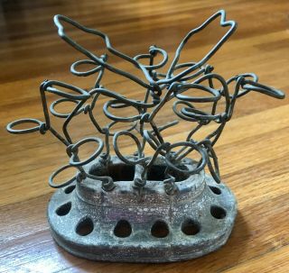 Vintage Metal Flower Frog Holder W/ Twisted Wire Loops & Leaves