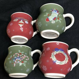 Set Of 4 Longaberger Holiday Christmas All The Trimmings Pot - Bellied Mugs Euc