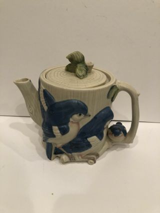 Takahashi San Francisco Hand Painted 3d Blue Birds And Baby Teapot