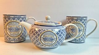Whittard Of Chelsea England Blue,  White Teapot W/ 2 Matching Coffee Or Tea Mugs