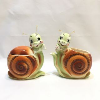 Enesco Snappy The Snail Creamer Pitcher And Sugar 5” Set Vintage