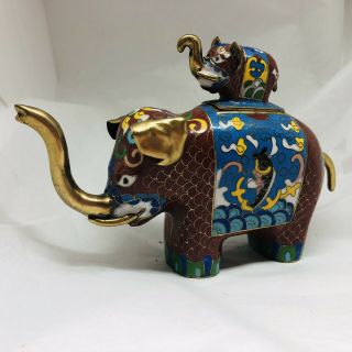 Vintage Chinese Cloisonne ' Brass Elephant Trinket Ring Pill Box Mom Baby - Red 2