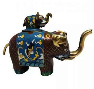 Vintage Chinese Cloisonne ' Brass Elephant Trinket Ring Pill Box Mom Baby - Red 3