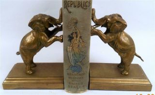 Vintage Figural Brass Rearing Elephant Bookends By Cross
