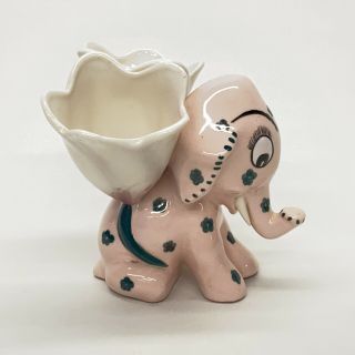 Vintage Napco Japan Pink & Green Elephant Double Planter Ceramic Vase 5” 353A 2