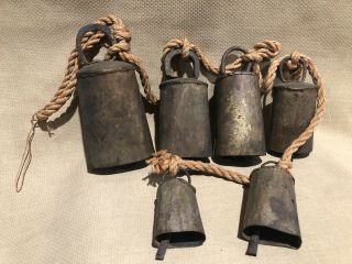 Antique Late 19th.  C Set Of 6 Handmade Copper Metal Goat Or Cowbells In Lanyard