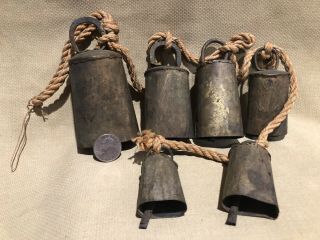 Antique Late 19th.  c Set of 6 Handmade Copper Metal Goat or Cowbells in Lanyard 2