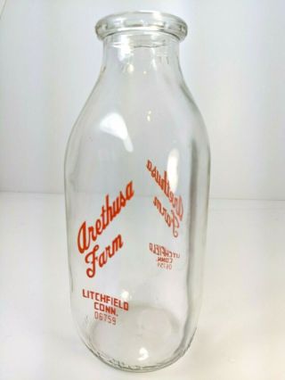 Arethusa Farm Litchfield Ct Pyro Quart Milk Dairy Bottle Vintage Conn Vintage