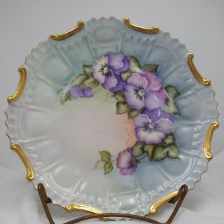 Vintage Handpainted Purple Pansies Porcelain Plate Gold Edging 10 "