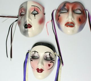 Porcelain Ceramic Hand Painted Face Mask Wall Hangings - Set Of 3 (7 " X 6 ")