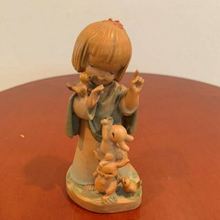 Vintage Wood Carving By Anri Italy Girl With Bunny Rabbits And Birds