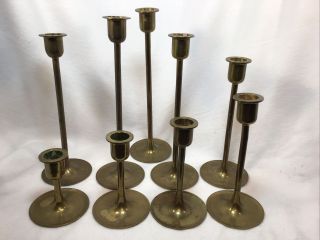 Set Of Nine (9) Vintage Solid Brass Candlestick Candler Sizes Varies Antique