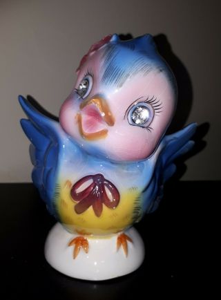 Vintage Blue Bird Bank Ceramic Japan Esd Lefton Bluebird Rhinestone Eyes