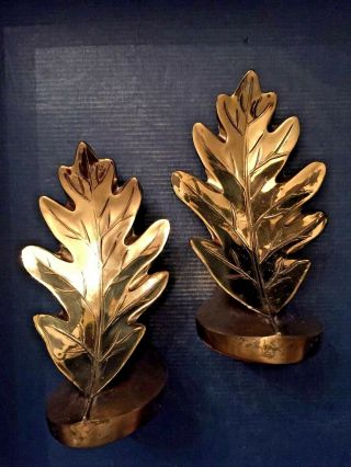 Vintage - Brass Oak Leaf Bookends - Philadelphia Manufacturing Co Pmc Craftsman