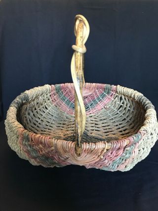 Vintage Handmade Multi Color Buttocks Woven Egg Basket Bamboo Vine Handle