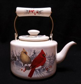 Lenox Winter Greetings Teapot Coffee Pot Enamel On Metal Cardinals - No Rust