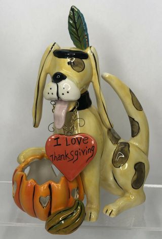 Blue Sky Clayworks Pottery Collectible Spotted Dog Figurine Thanksgiving Hippy