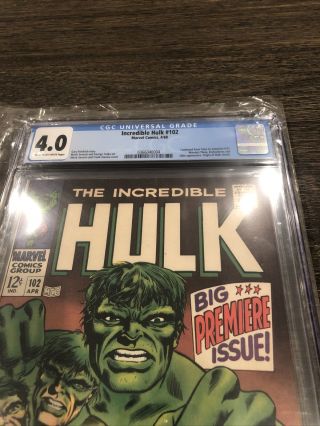 Incredible Hulk 102 CGC 4.  0 Cream To OW Pages,  Origin retold; Marvel;1968 3