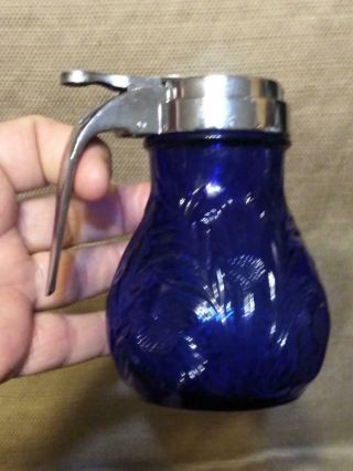 Vintage Cobalt Blue Glass Thistle Pattern Syrup Pitcher Metal Chrome Top Handle
