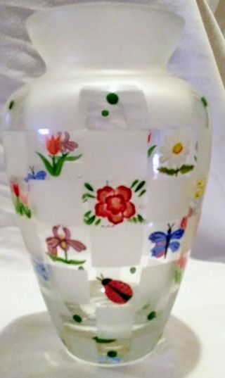 Lenox Hand Painted Flowers/bug/insects Glass Vase Clear & Frosted Block Adorable