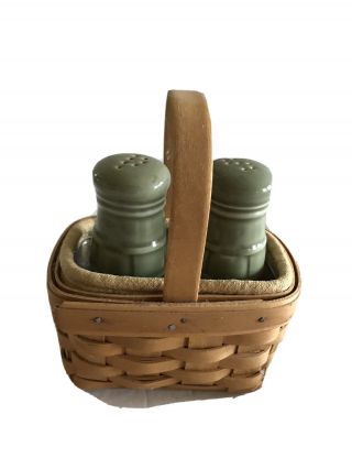 Longaberger Woven Traditions Pottery Salt & Pepper Shakers Sage Green Basket Cad