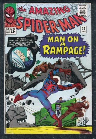 The Spider - Man 32 (vol 1 Jan 1966) Man On A Rampage Steve Ditko (vg/f)