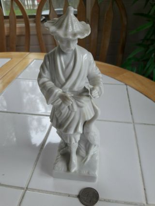 Vintage Fitz And Floyd White Ceramic Porcelain Asian Man Statue With Bird
