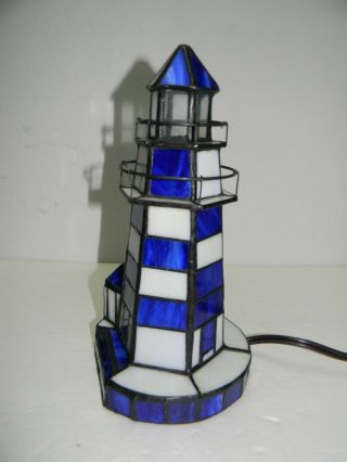 Tiffany Style Blue & White Stained Glass Nautical Lighthouse Lamp / Night Lite 2