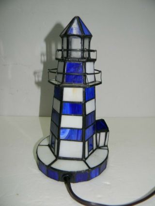 Tiffany Style Blue & White Stained Glass Nautical Lighthouse Lamp / Night Lite 3