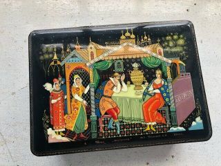 Palekh Russian Hand - Painted Paper Mache Large Lacquer Box Taking Tea