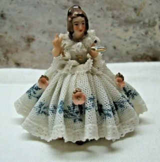 Darling Dresden? Small Doll In Chair Holding Book Has Lace Skirt - Crown With " F "
