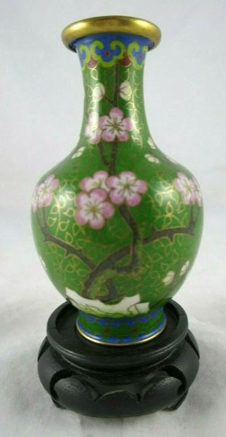 Vintage Cloisonne Small Vase Green Pink Cherry Blossoms Floral Wood Stand 4.  5 "