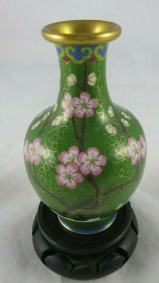 Vintage Cloisonne Small Vase Green Pink Cherry Blossoms Floral Wood Stand 4.  5 